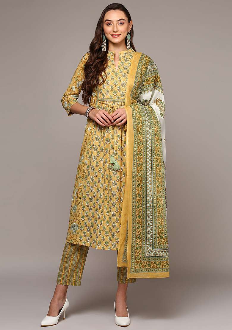 Yellow Printed Cotton A Line Kurta Set - Indya