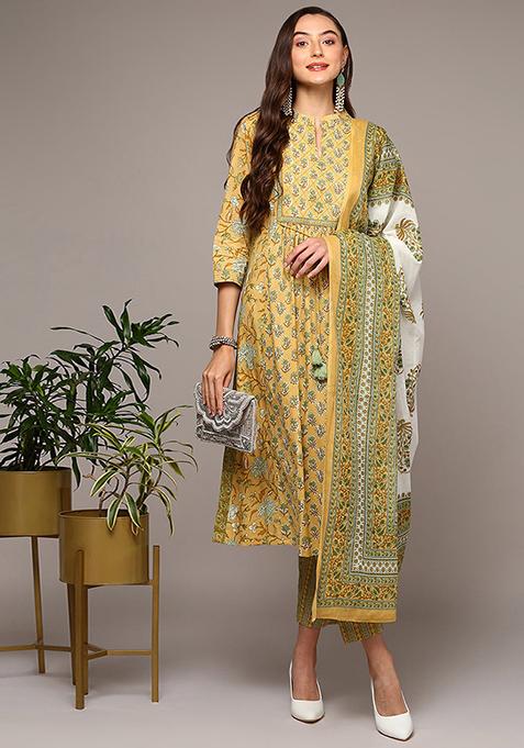 Yellow Printed Pure Cotton Kurta Set