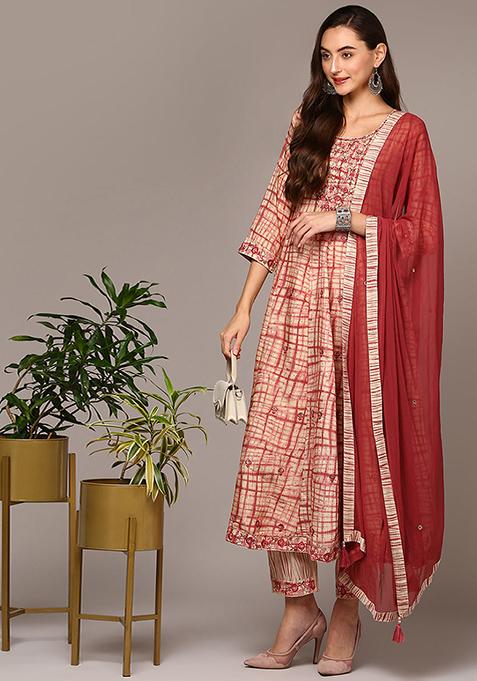 Beige Printed Blended Straight Kurta Set