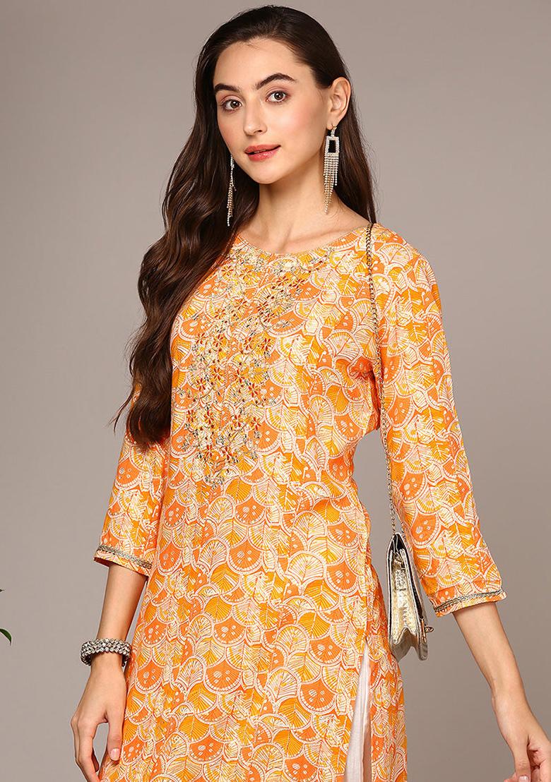 Orange Embroidered Viscose Rayon Kurta - Indya