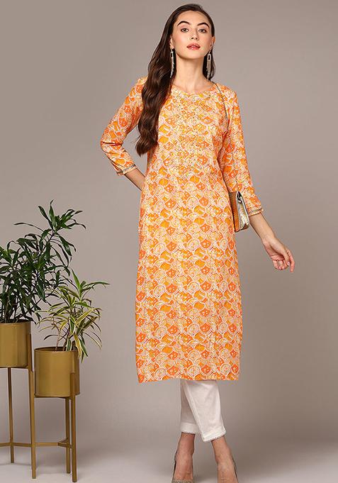 Orange Embroidered Viscose Rayon Kurta