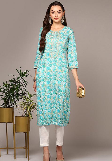 Turquoise Blue Printed Viscose Rayon Kurta