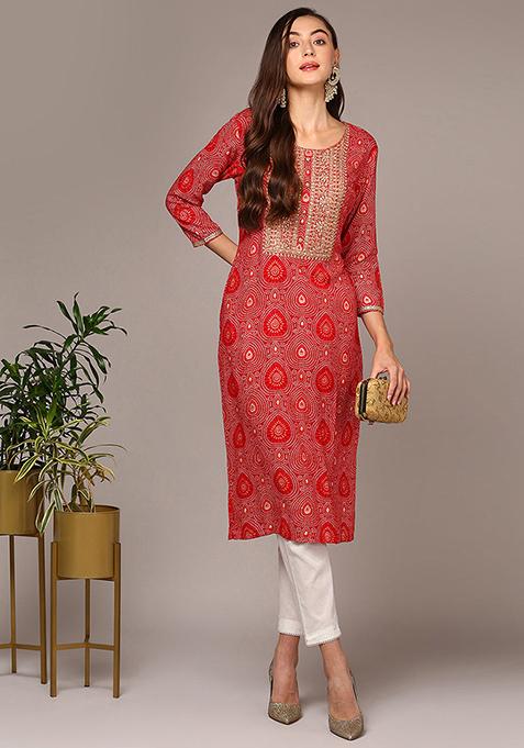 Red Printed Viscose Rayon Kurta