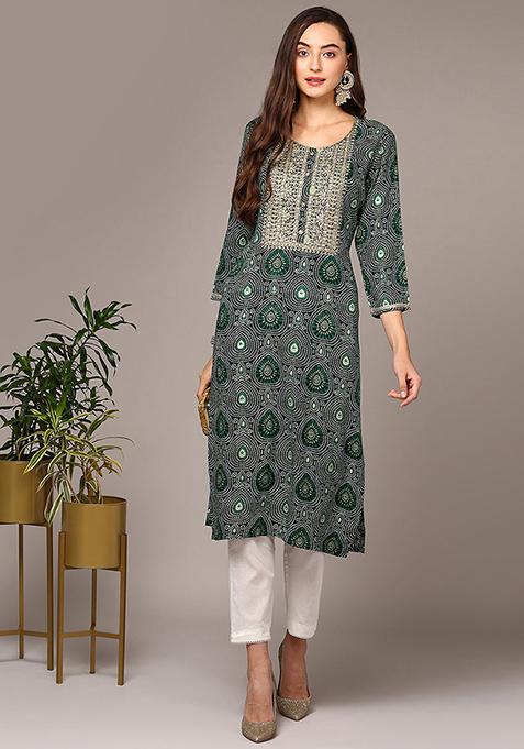 Green Printed Viscose Rayon Kurta