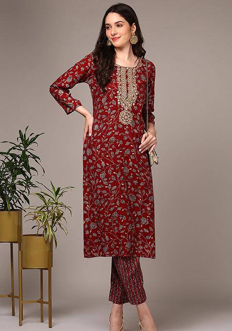 Red Embroidered Viscose Rayon Kurta