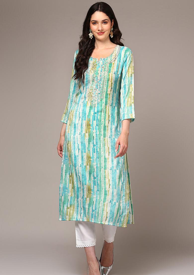 Blue Printed Viscose Rayon Kurta - Indya
