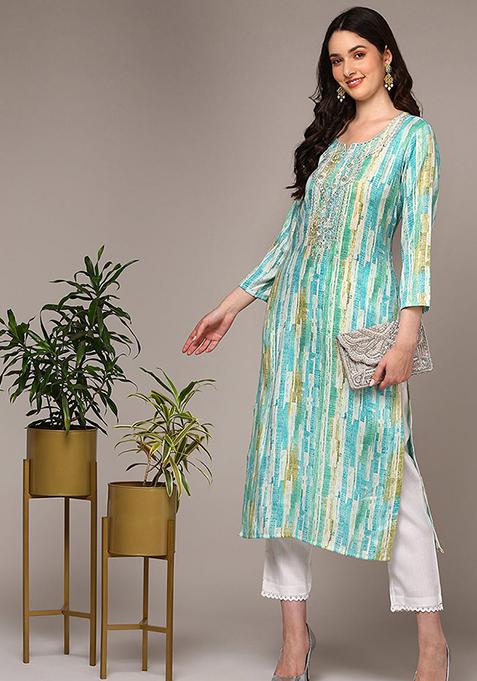 Blue Printed Viscose Rayon Kurta