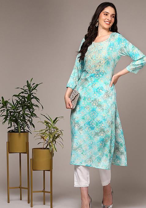 Blue Embroidered Viscose Rayon Kurta