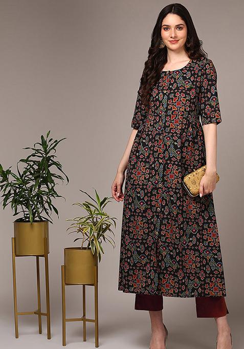 Black Printed Cotton Kurta