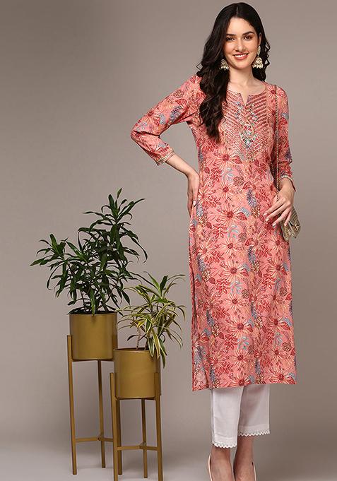 Pink Printed Viscose Rayon Kurta