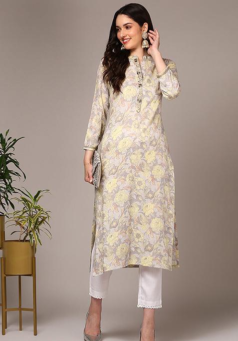 Grey Printed Viscose Rayon Kurta