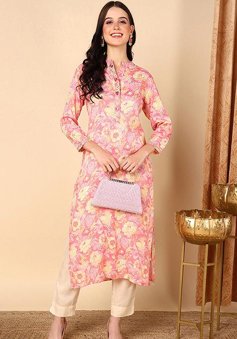 Pink Printed Viscose Rayon Kurta