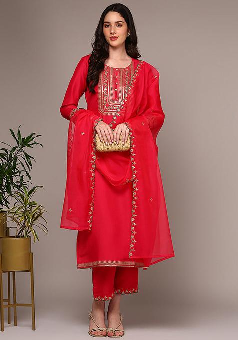 Pink Yoke Design Silk Blend Kurta Set