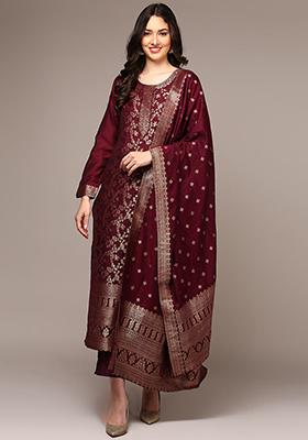 Maroon Embroidered Chanderi Straight Kurta Set