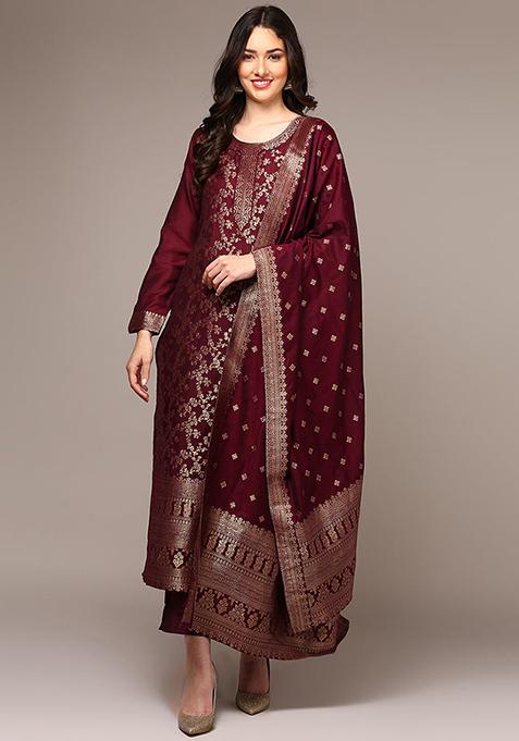Maroon Woven Poly Chanderi Kurta Set