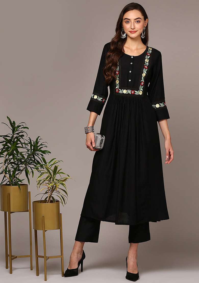 Black Embroidered Rayon A Line Kurta Set - Indya