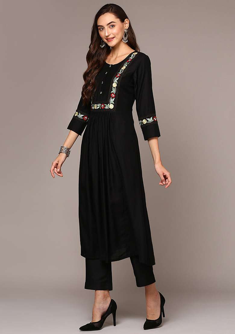 Black Embroidered Rayon A Line Kurta Set - Indya