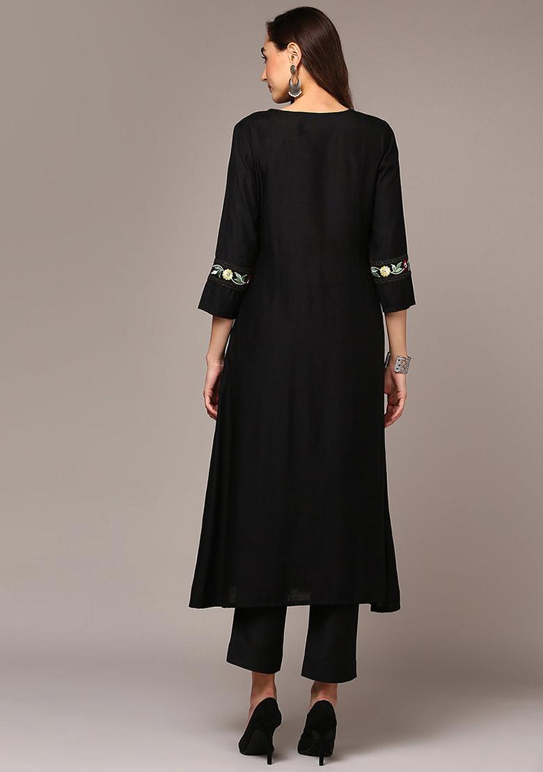 Black Embroidered Viscose Rayon Kurta