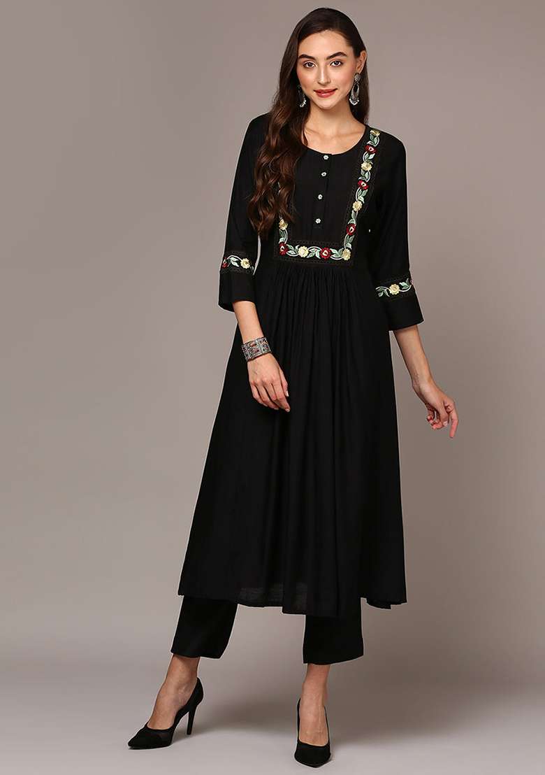 Black Embroidered Rayon A Line Kurta Set - Indya