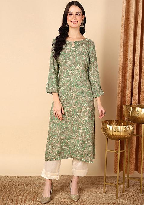 Green Printed Viscose Rayon Kurta