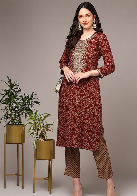 Maroon Embroidered Viscose Rayon Kurta