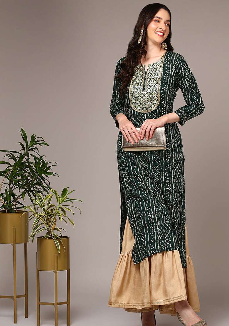 Green Printed Viscose Sharara Set - Indya