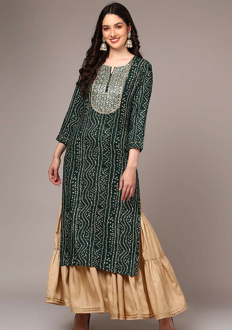 Green Printed Viscose Sharara Set - Indya