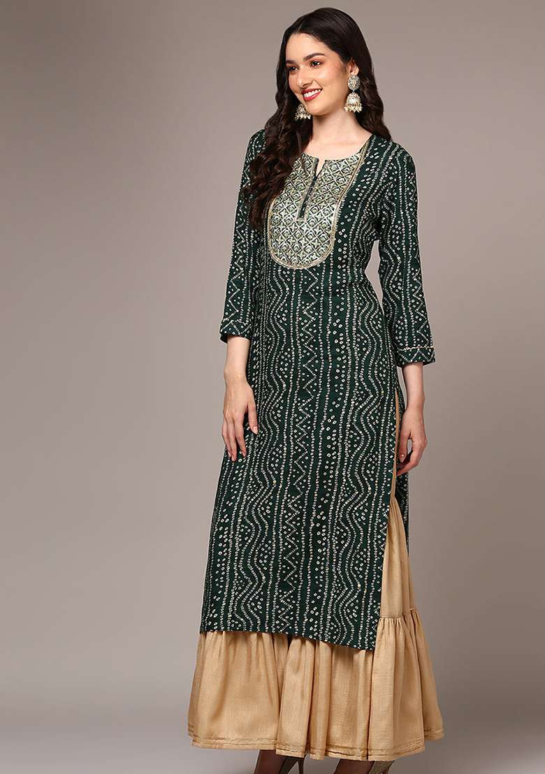 Green Printed Viscose Sharara Set - Indya