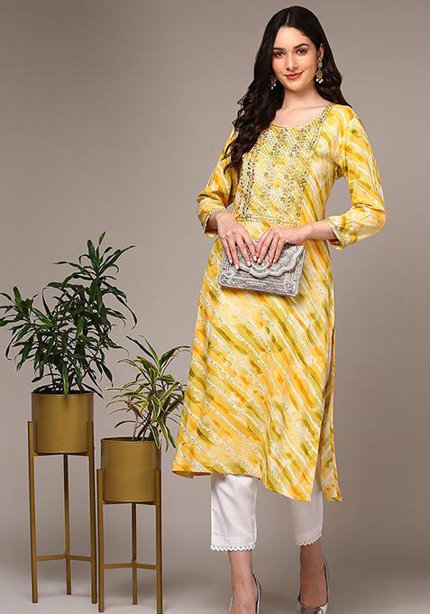 Yellow Printed Viscose Rayon Kurta