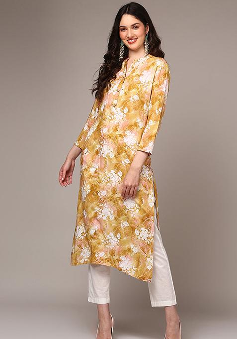 Yellow Printed Viscose Rayon Kurta