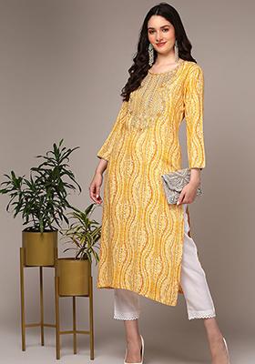 Yellow Printed Viscose Rayon Kurta