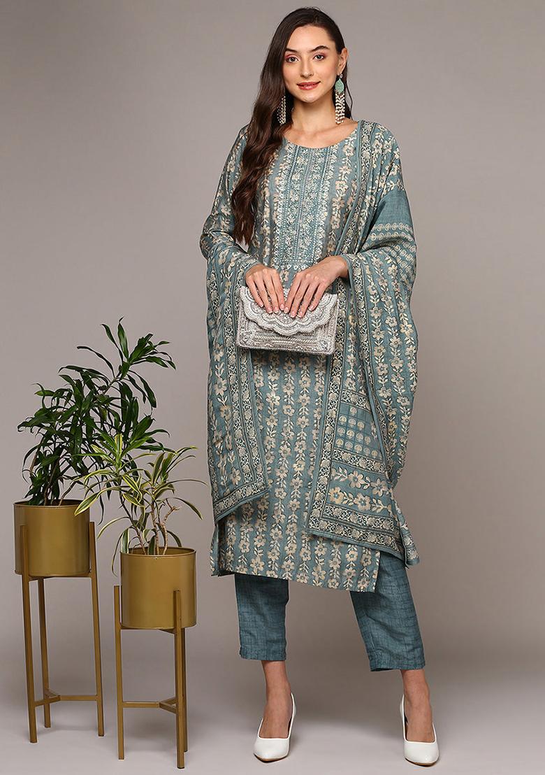 Grey Printed Silk Blend Kurta Set
