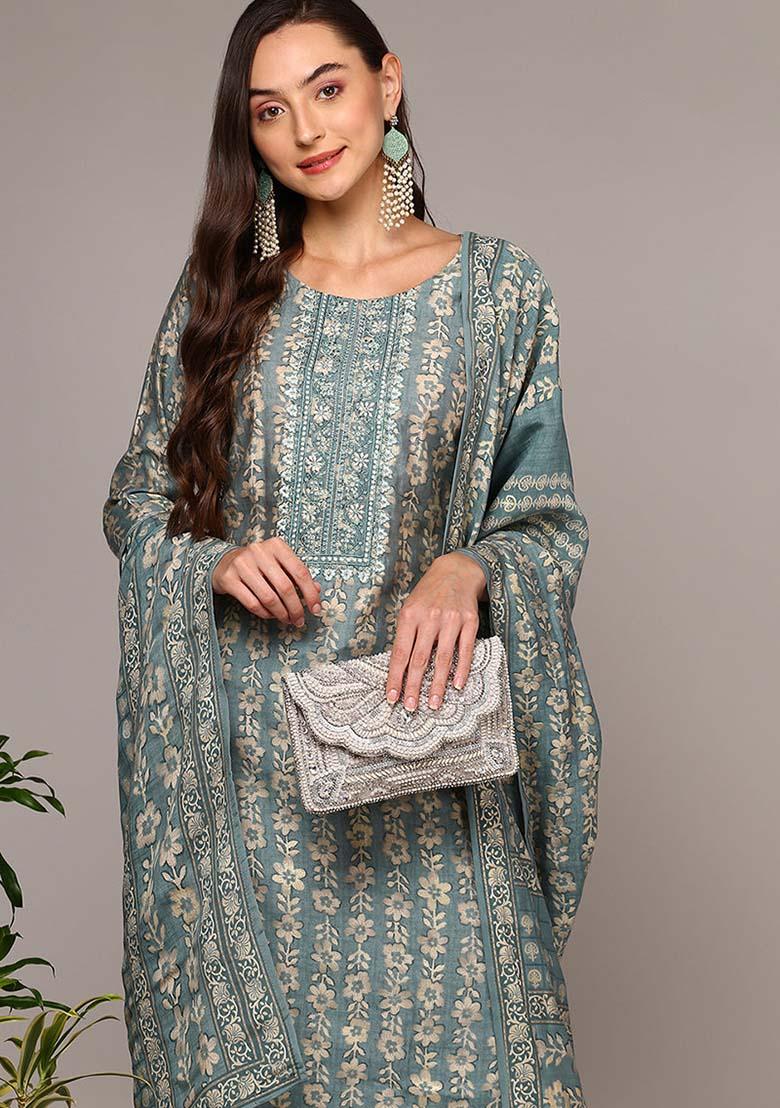 Grey Printed Silk Blend Kurta Set