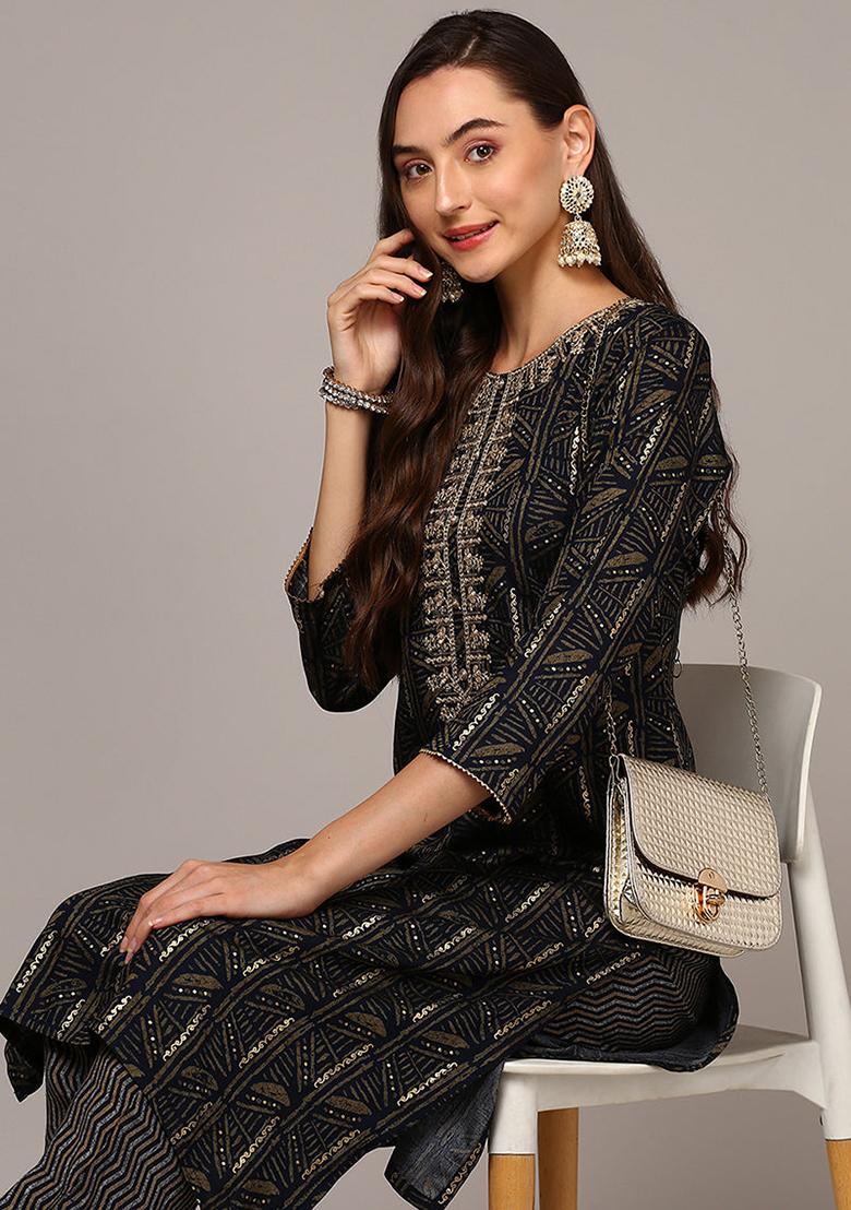 Blue Printed Viscose Rayon Kurta