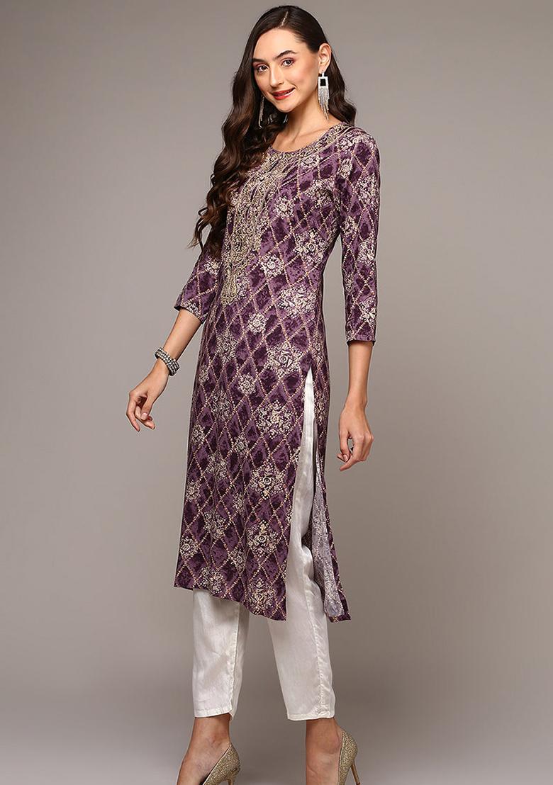 Purple Printed Viscose Rayon Kurta