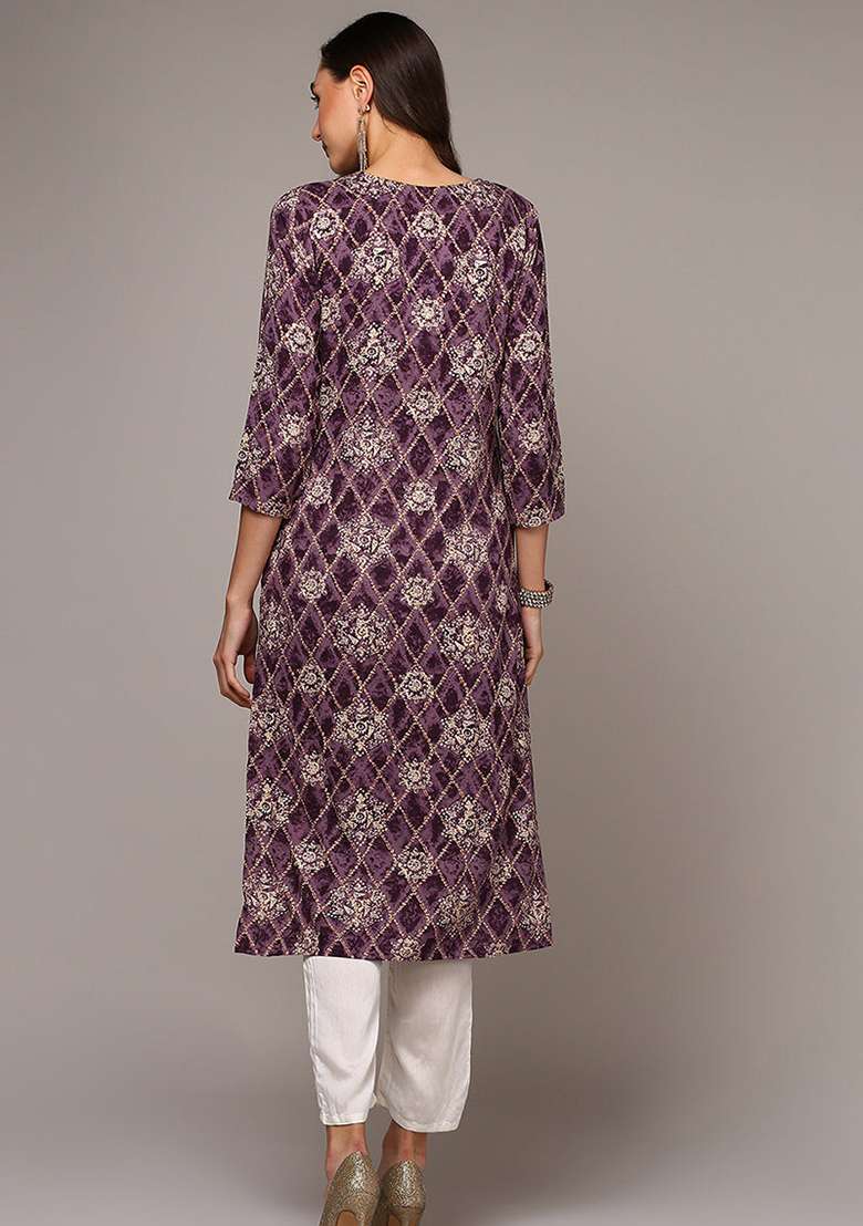 Purple Printed Rayon Kurta - Indya
