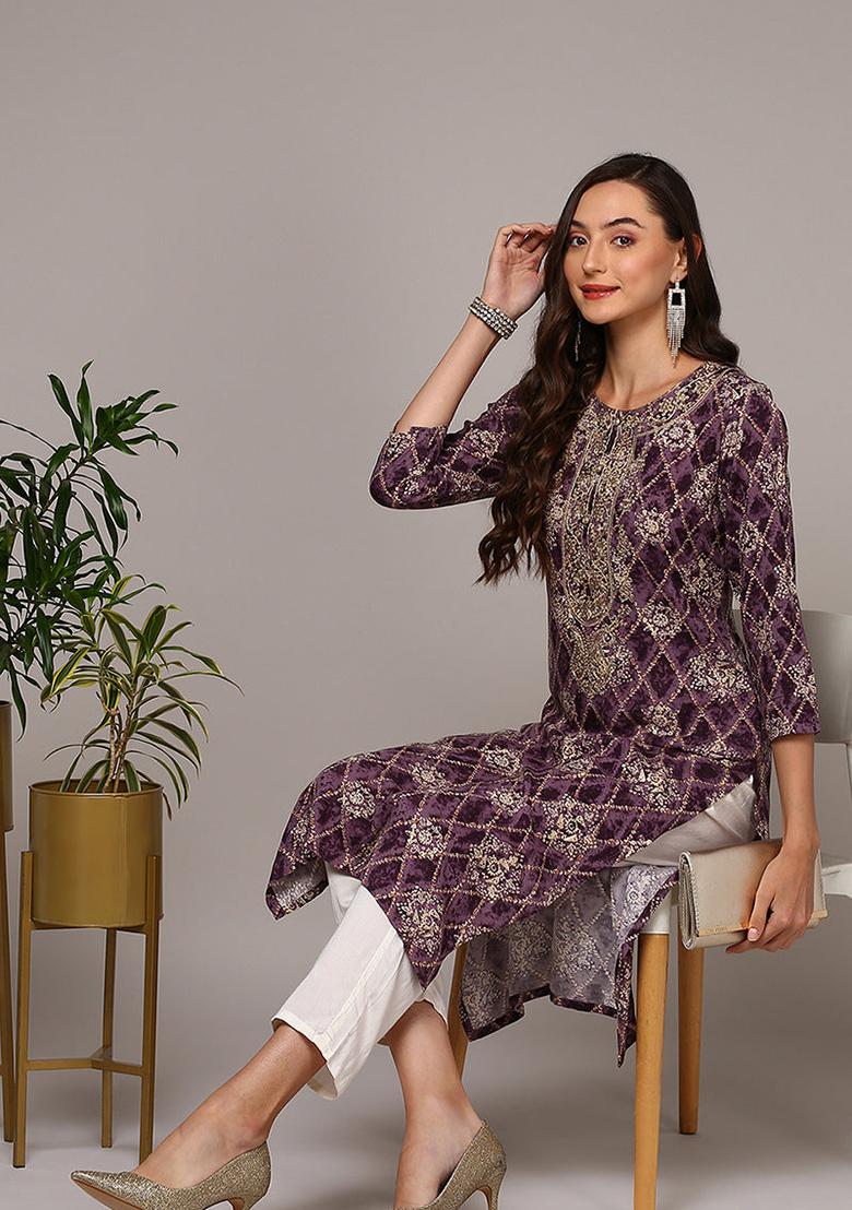 Purple Printed Viscose Rayon Kurta