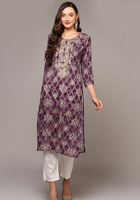 Purple Printed Rayon Kurta