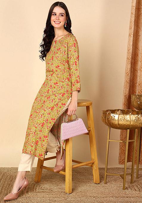 Yellow Printed Viscose Rayon Kurta