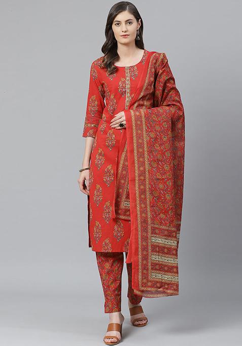 Red Printed Polyester Kurta Set