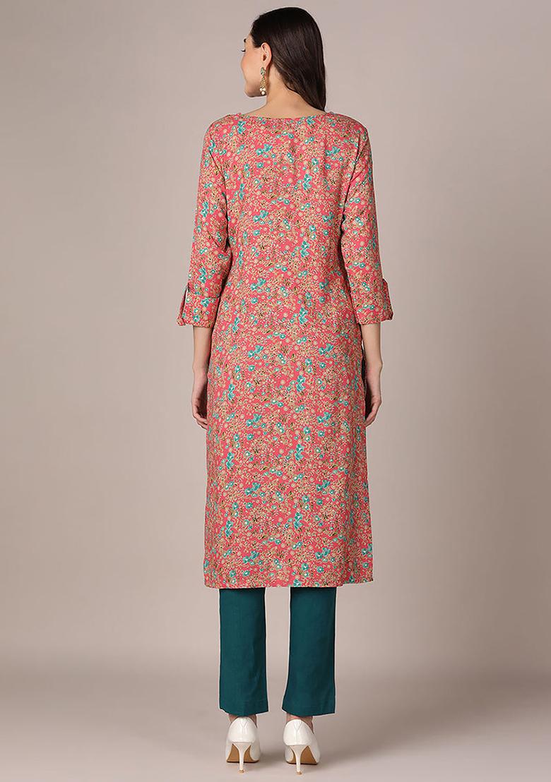 Pink Printed Viscose Rayon Kurta