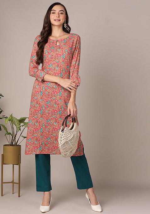 Pink Printed Viscose Rayon Kurta