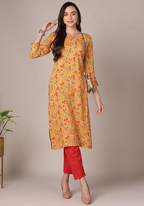 Yellow Printed Viscose Rayon Kurta