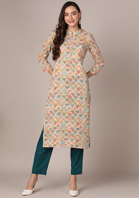 White Printed Cotton Kurta