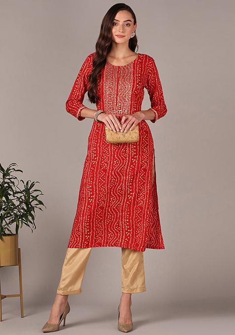 Red Embroidered Viscose Rayon Kurta