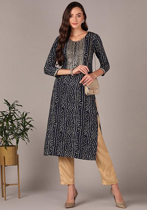 Navy Blue Embroidered Viscose Rayon Kurta