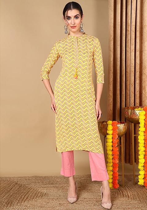 Yellow Printed Cotton Kurta