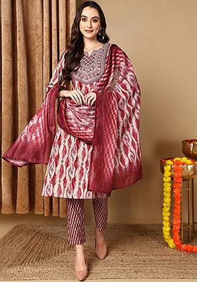 Maroon Printed Pure Cotton Kurta Set