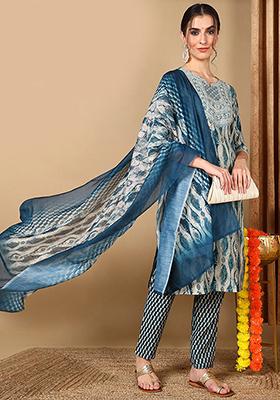 Blue Printed Cotton Kurta Set
