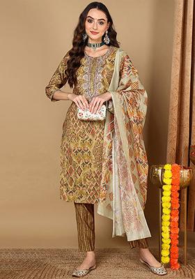 Mustard Yellow Printed Pure Cotton Kurta Set